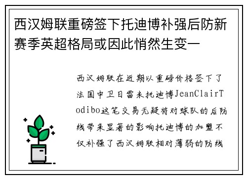 西汉姆联重磅签下托迪博补强后防新赛季英超格局或因此悄然生变一